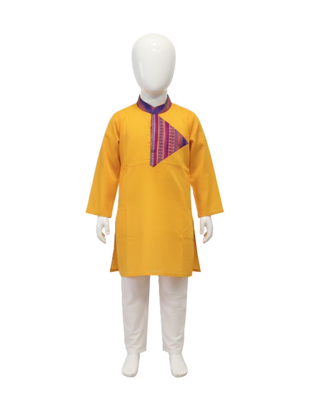 Mustard Yellow Kurta Set with Triangular Pink & Purple Striped Yoke