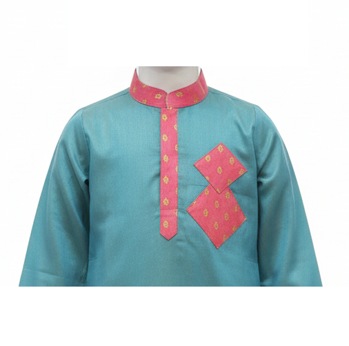 Teal Blue Kurta Pajama Set with Contrast Pink Geometric Accents