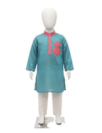 Teal Blue Kurta Pajama Set with Contrast Pink Geometric Accents