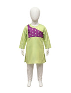 Lime Green and Purple Silk Blend Kurta Set with Silver Motif