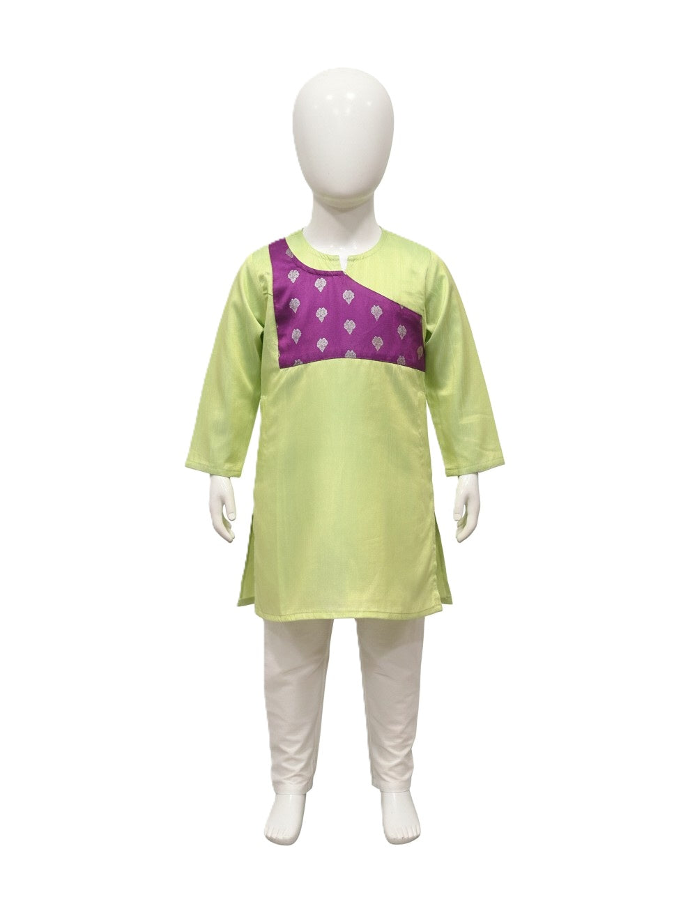 Lime Green and Purple Silk Blend Kurta Set with Silver Motif