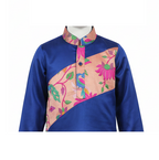 Royal Blue Kurta Set with Pink and Floral Asymmetric Yoke