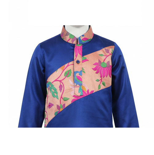 Royal Blue Kurta Set with Pink and Floral Asymmetric Yoke