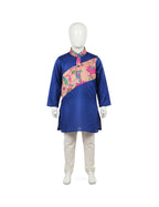 Royal Blue Kurta Set with Pink and Floral Asymmetric Yoke