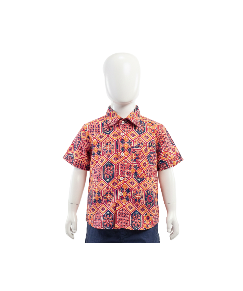 Tropical Mosaic Short-Sleeve Shirt in Pink & Navy