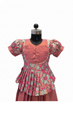 Pure Silk/Silk Blend Floral Peplum Skirt & Blouse Set for Girls