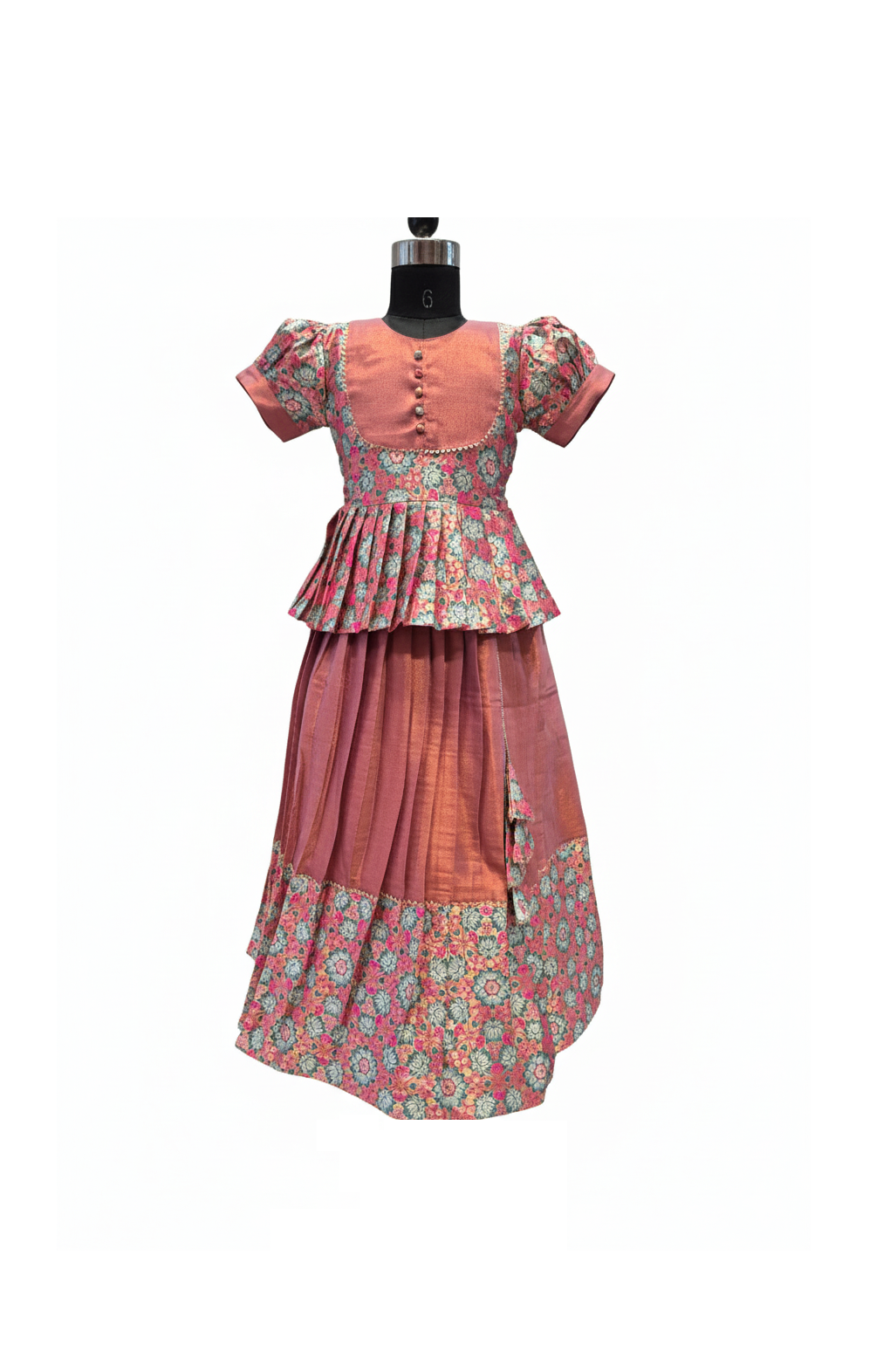 Pure Silk/Silk Blend Floral Peplum Skirt & Blouse Set for Girls