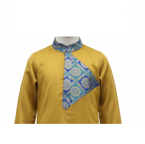 Mustard Yellow Kurta Set with Blue and Gold Diamond Yoke