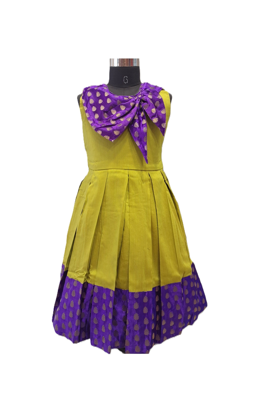 Vibrant Chartreuse Green and Purple Silk Frock with Grand Bow and Butta Work