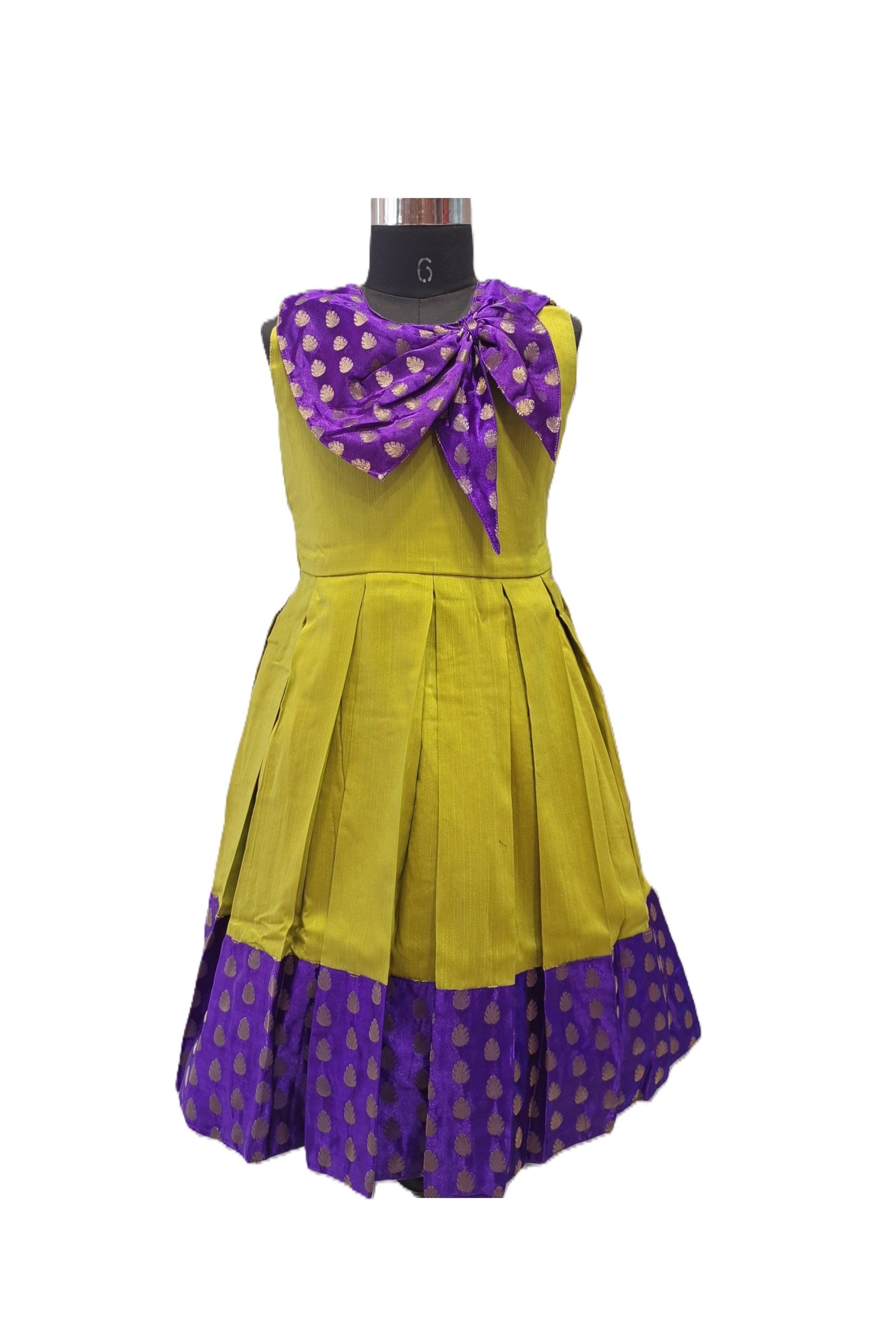 Vibrant Chartreuse Green and Purple Silk Frock with Grand Bow and Butta Work