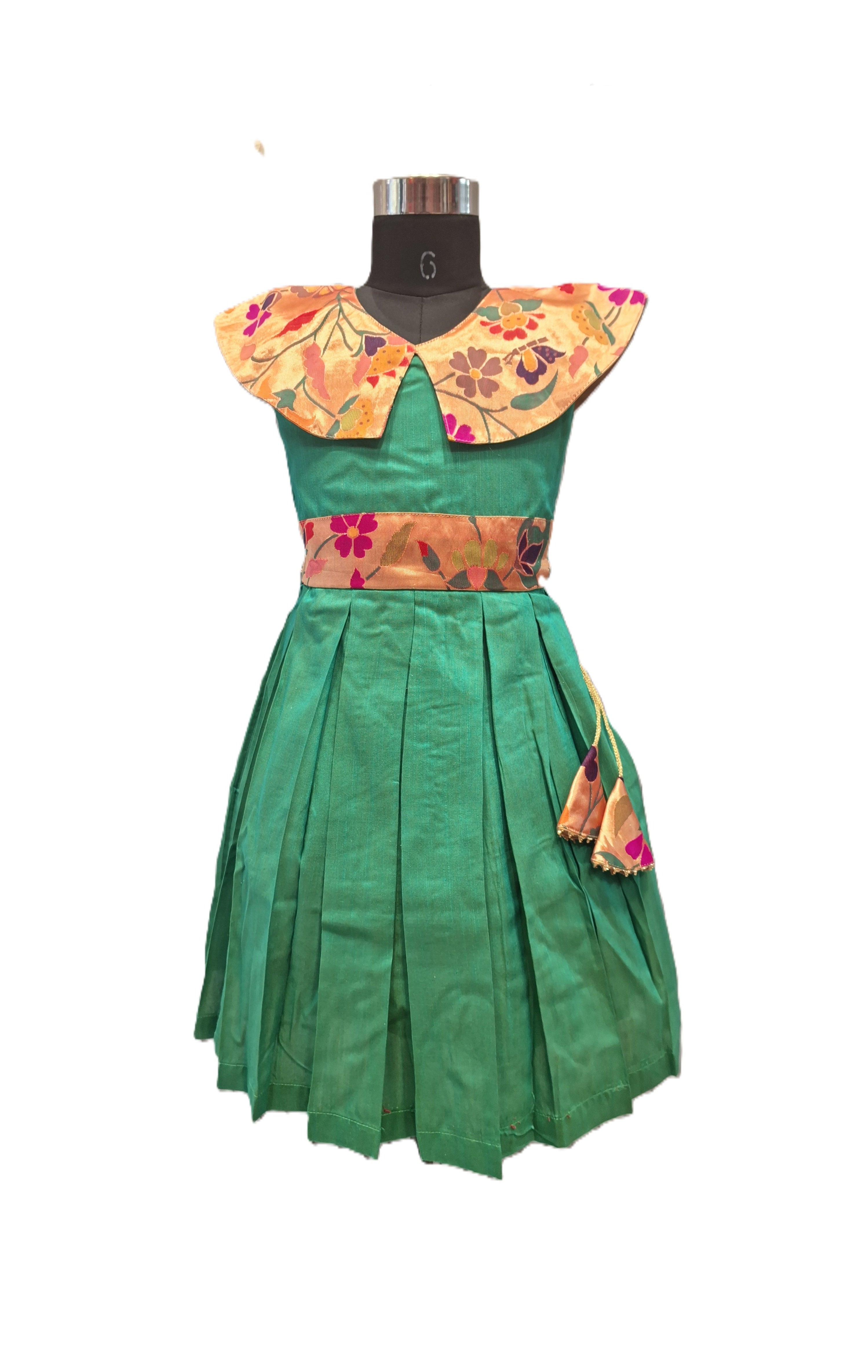 Fusion Green Silk Frock with Grand Floral Printed Collar and Waistband