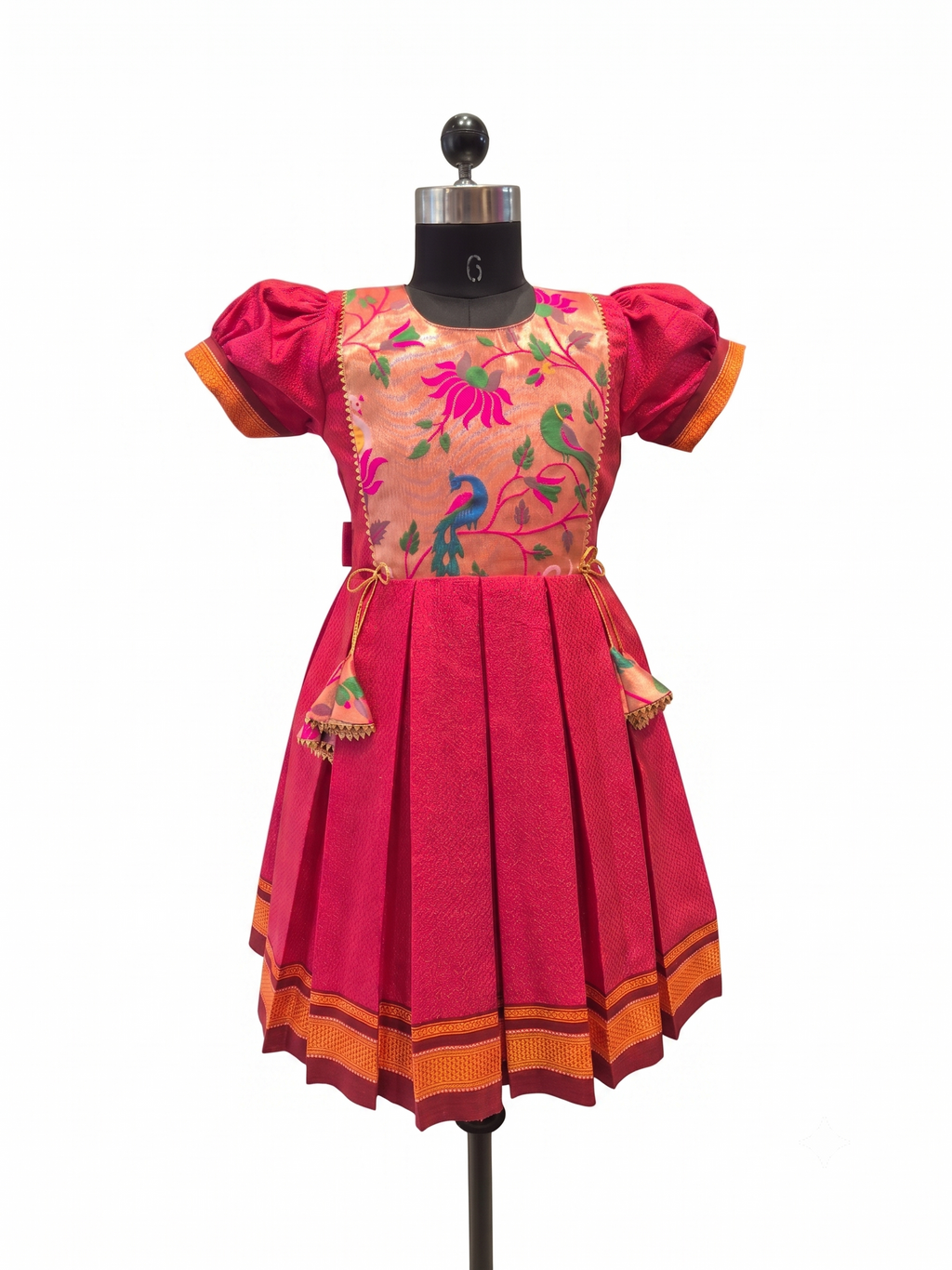 Traditional pink Khun knee length frock for young girls with peacock floral bodice - House of Kritee