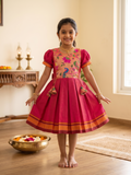 Traditional pink Khun knee length frock for young girls with peacock floral bodice - House of Kritee