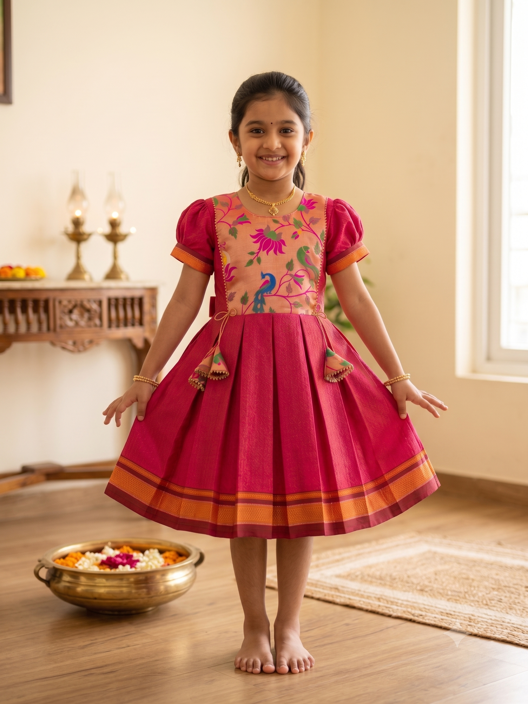 Traditional pink Khun knee length frock for young girls with peacock floral bodice - House of Kritee