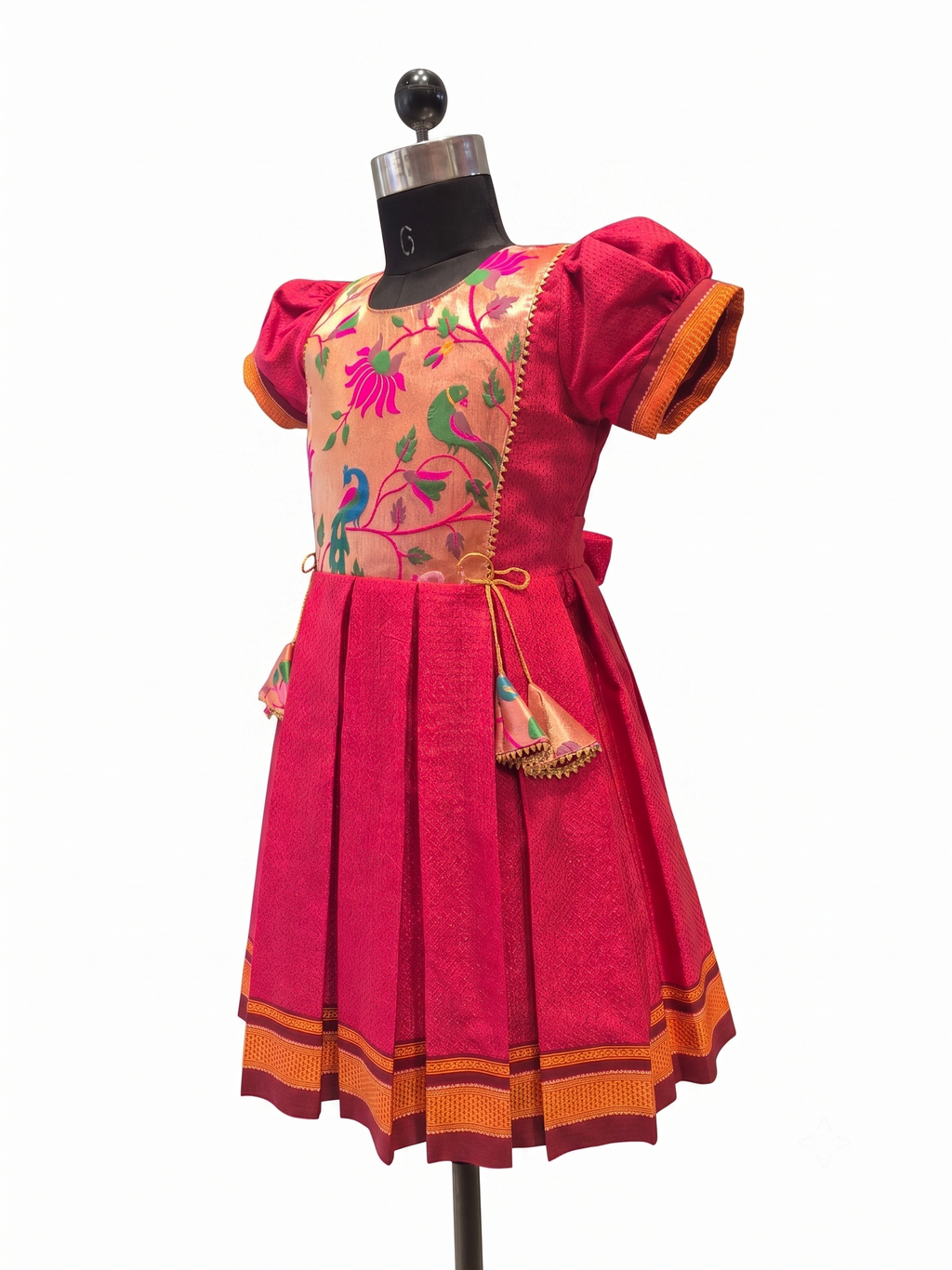 Traditional pink Khun knee length frock for young girls with peacock floral bodice - House of Kritee