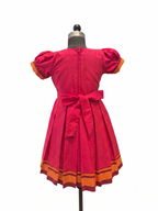 Traditional pink Khun knee length frock for young girls with peacock floral bodice - House of Kritee