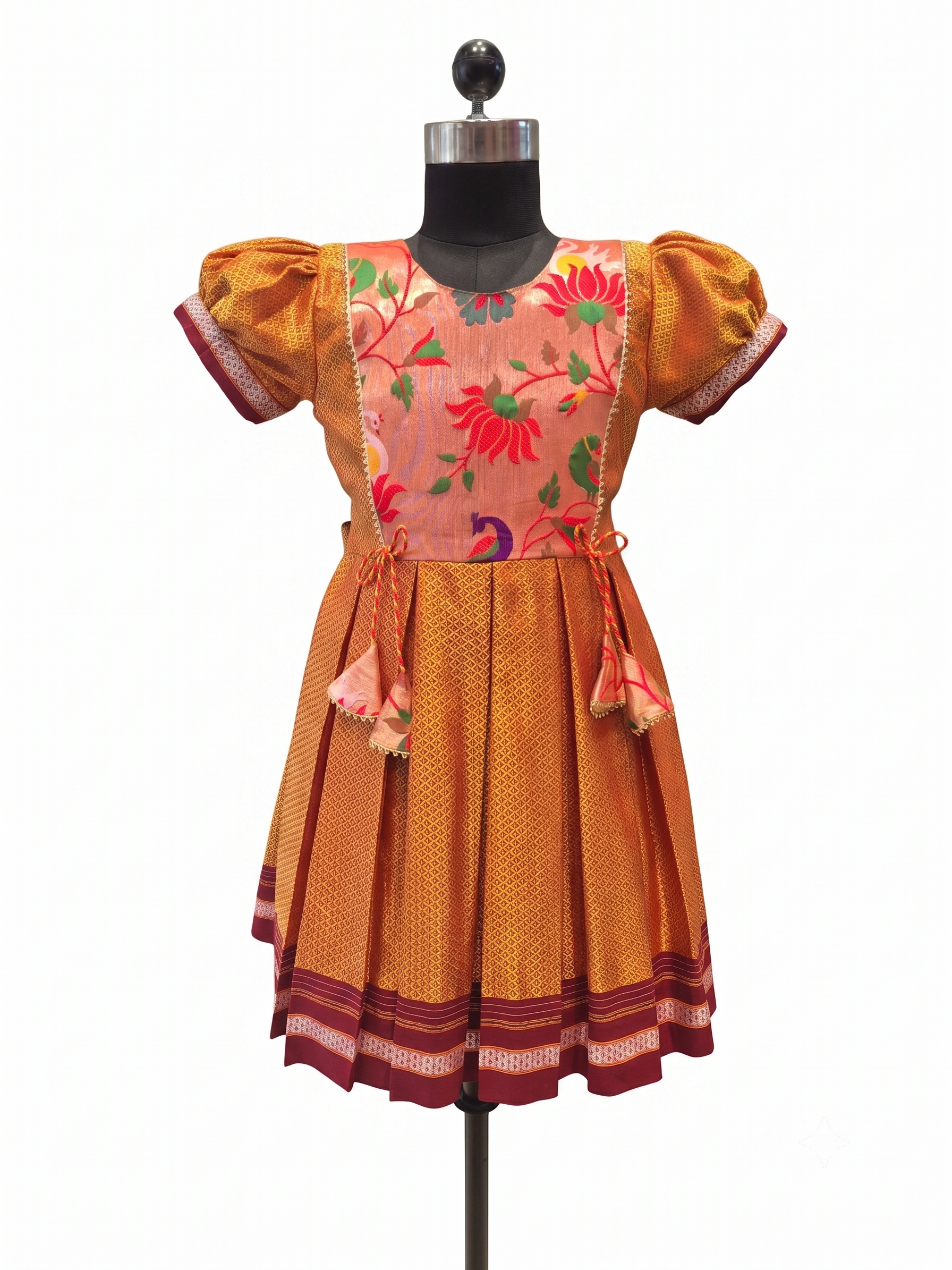 Girls mustard yellow traditional Khun frock with lotus peacock brocade yoke - House of Kritee