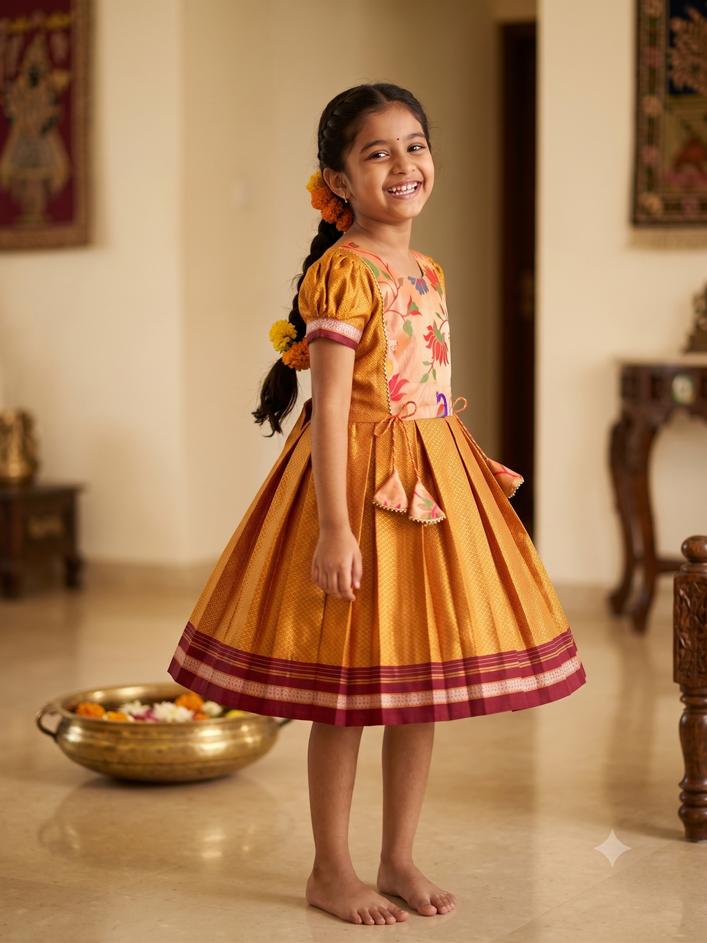 Girls mustard yellow traditional Khun frock with lotus peacock brocade yoke - House of Kritee