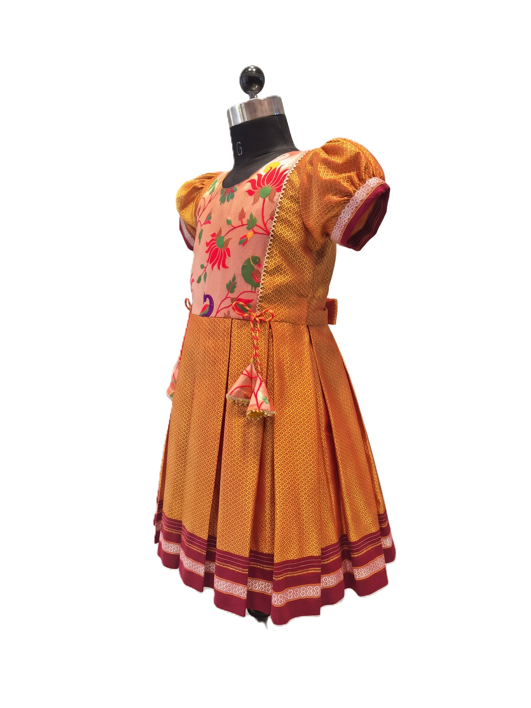 Girls mustard yellow traditional Khun frock with lotus peacock brocade yoke - House of Kritee