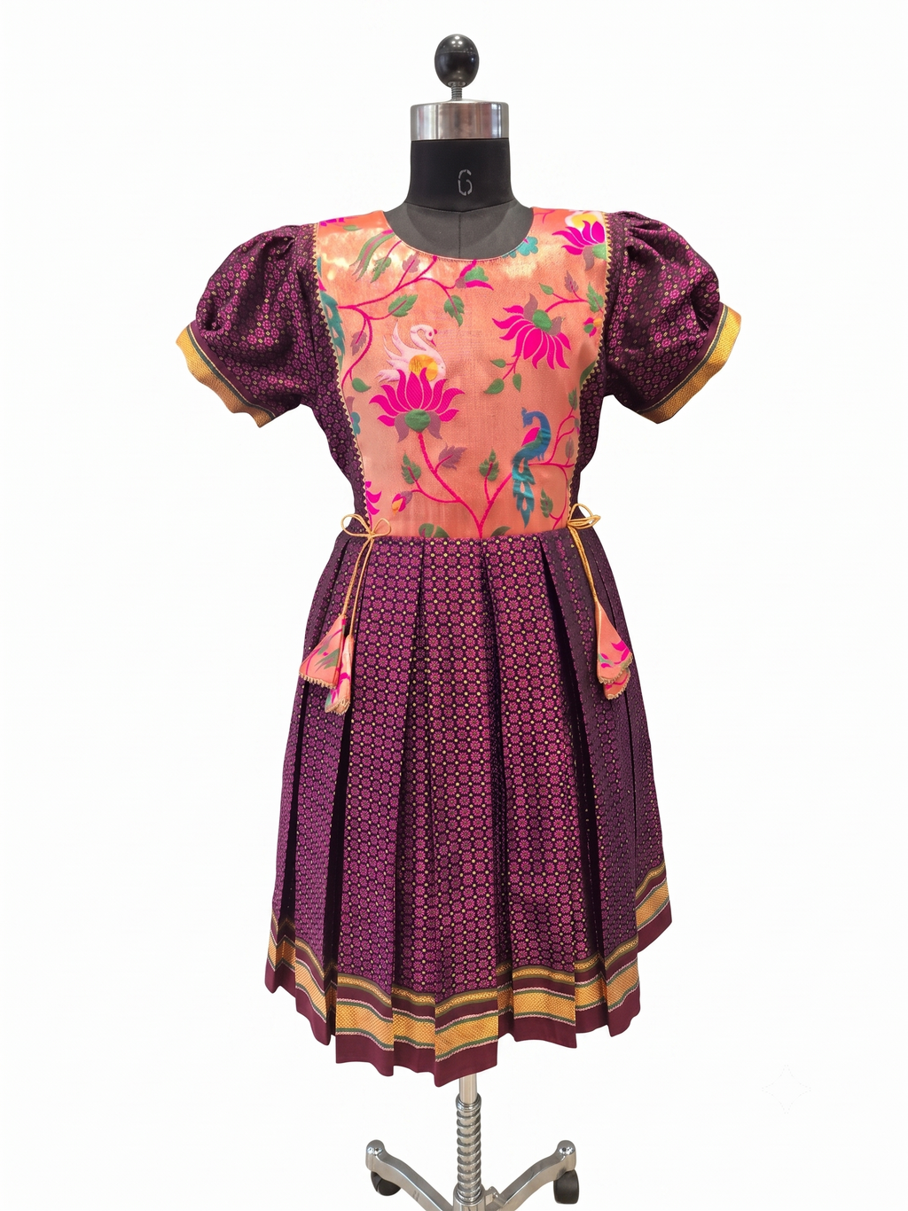 Deep purple Khun knee length frock with peach floral peacock yoke - House of Kritee