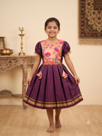 Deep purple Khun knee length frock with peach floral peacock yoke - House of Kritee