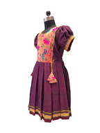 Deep purple Khun knee length frock with peach floral peacock yoke - House of Kritee