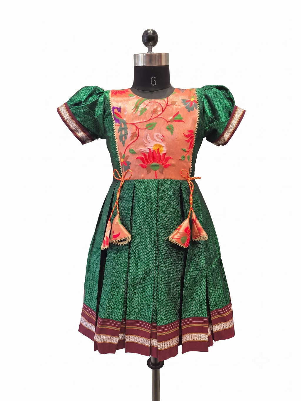 Emerald green Khun knee length frock with peach lotus brocade front panel - House of Kritee