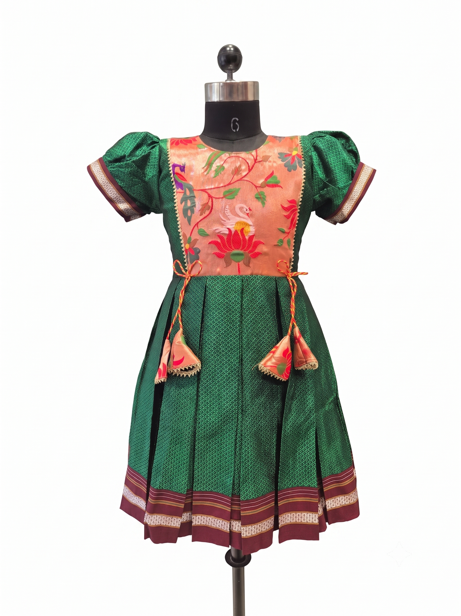 Emerald green Khun knee length frock with peach lotus brocade front panel - House of Kritee