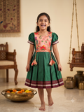 Emerald green Khun knee length frock with peach lotus brocade front panel - House of Kritee