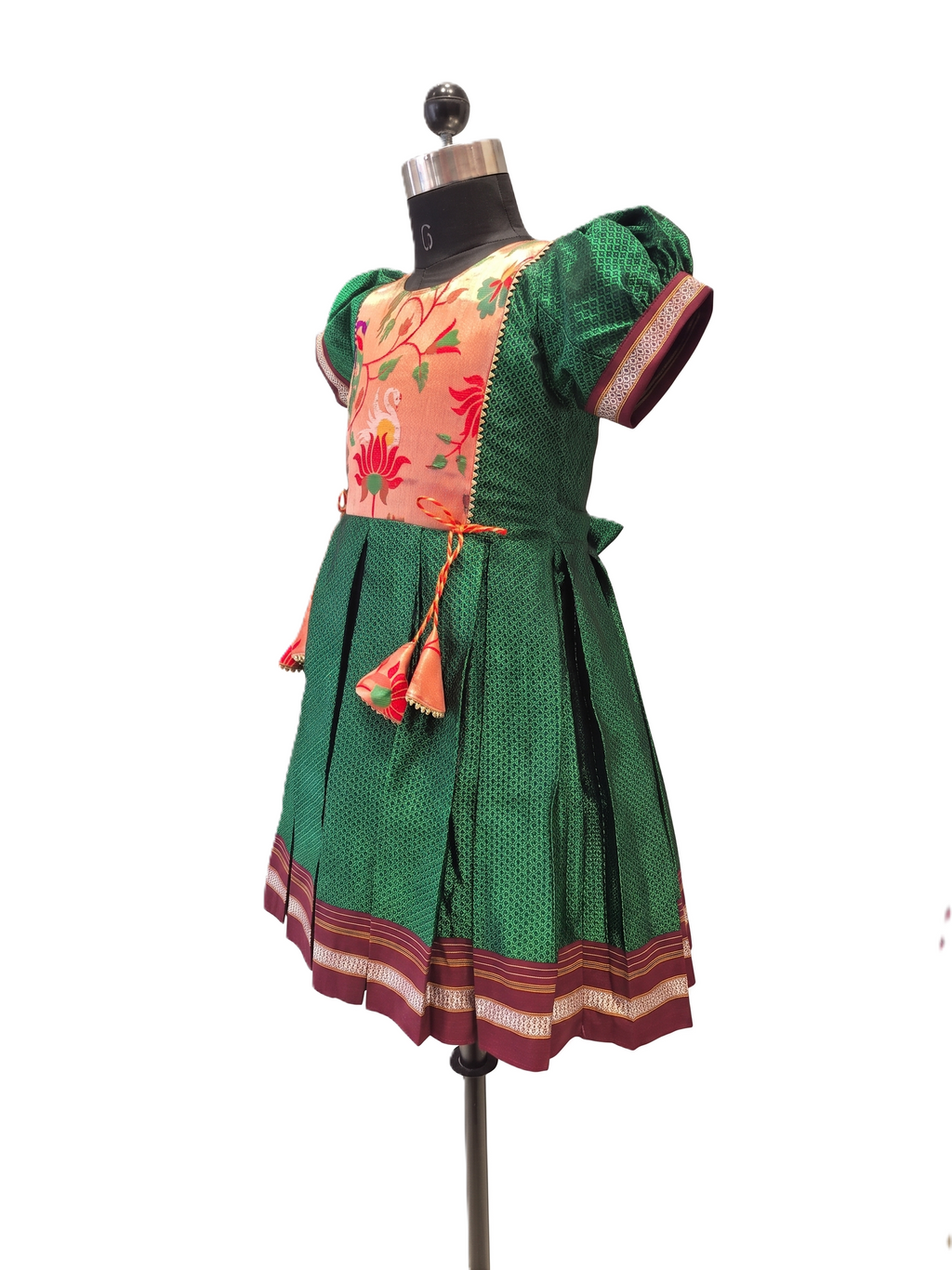 Emerald green Khun knee length frock with peach lotus brocade front panel - House of Kritee