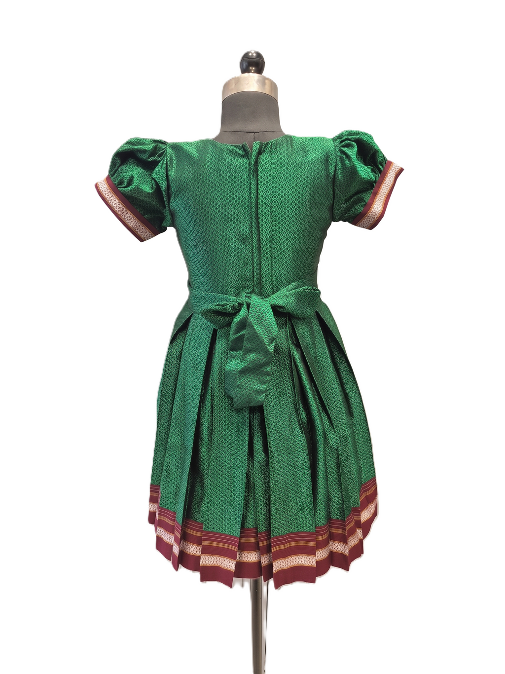 Emerald green Khun knee length frock with peach lotus brocade front panel - House of Kritee