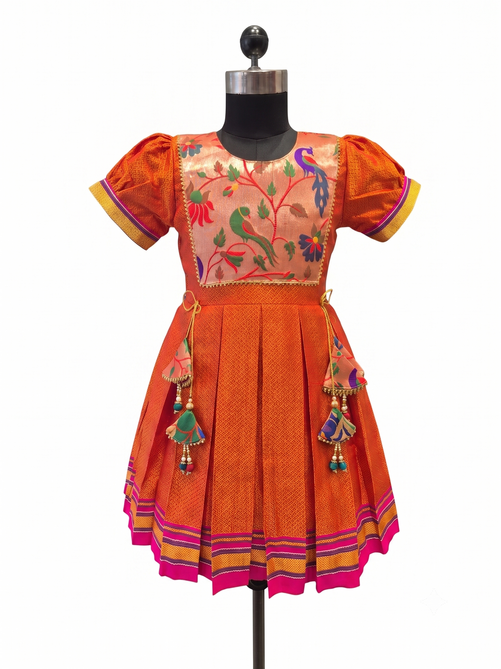 Bright orange Khun knee length frock with embroidered parrot peacock front yoke - House of Kritee