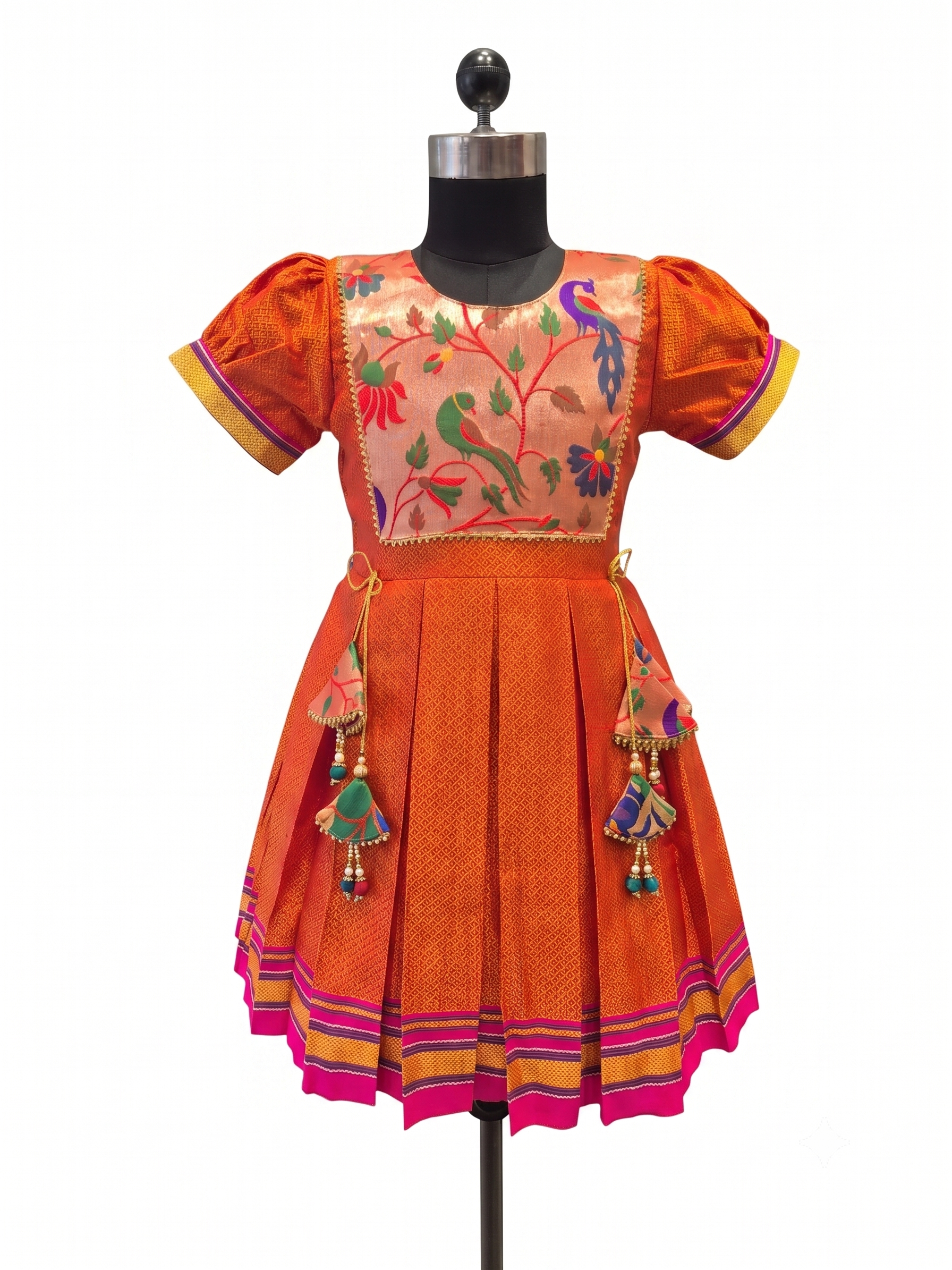 Bright orange Khun knee length frock with embroidered parrot peacock front yoke - House of Kritee