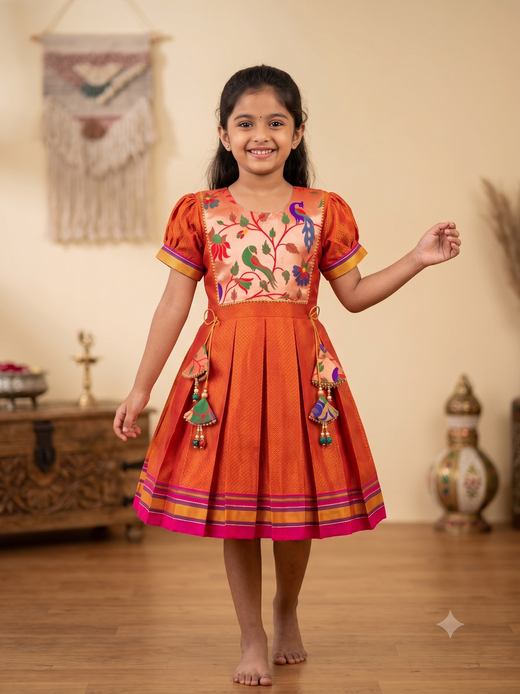 Bright orange Khun knee length frock with embroidered parrot peacock front yoke - House of Kritee