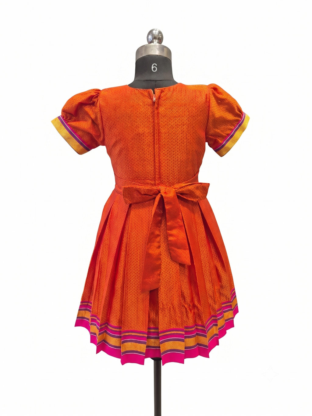 Bright orange Khun knee length frock with embroidered parrot peacock front yoke - House of Kritee