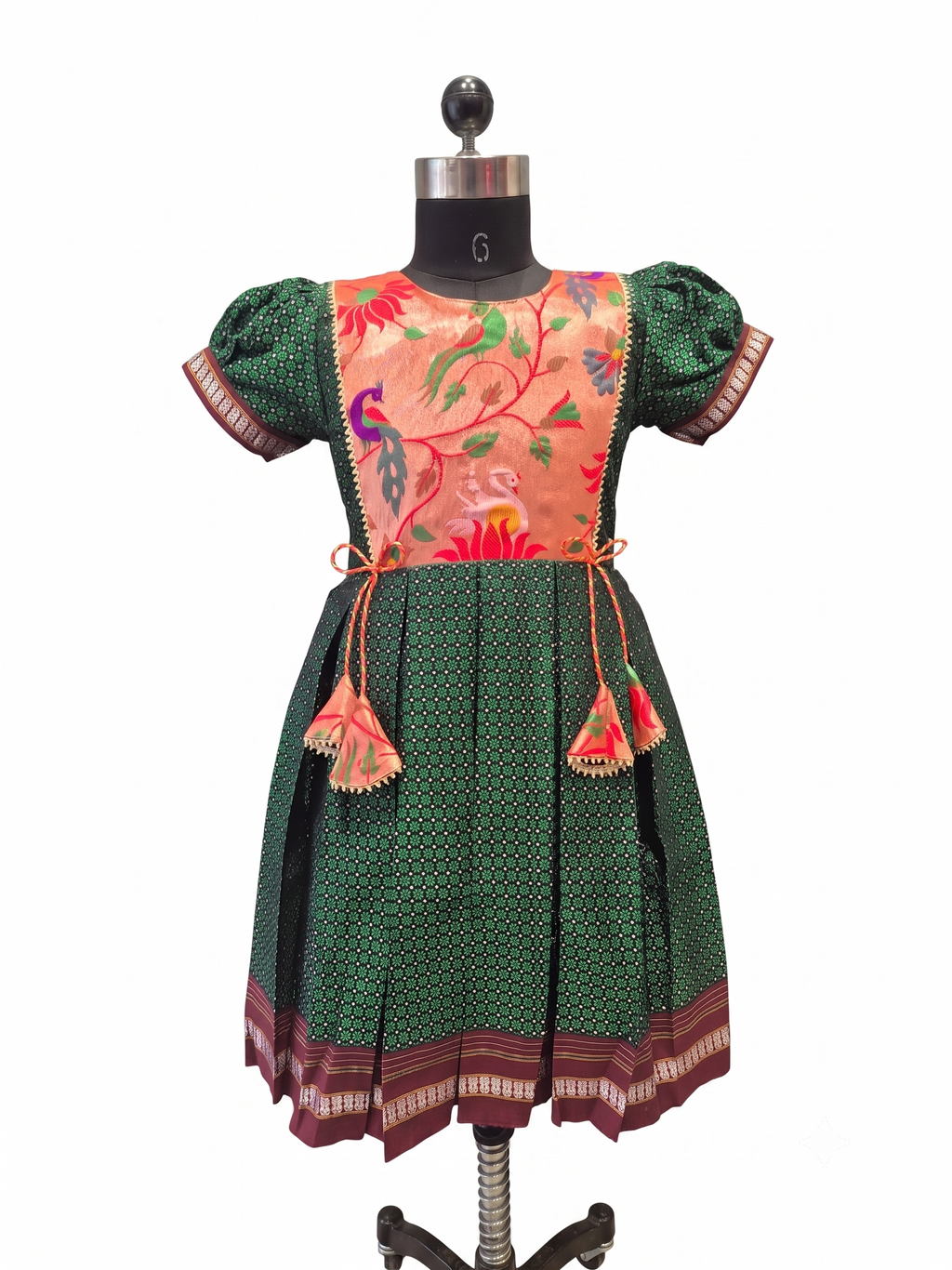 Dark green traditional Khun knee length frock with peach embroidered silk yoke - House of Kritee
