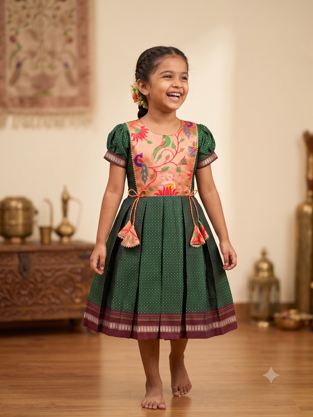 Dark green traditional Khun knee length frock with peach embroidered silk yoke - House of Kritee