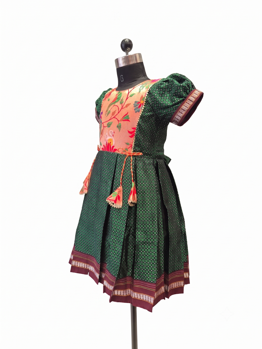 Dark green traditional Khun knee length frock with peach embroidered silk yoke - House of Kritee