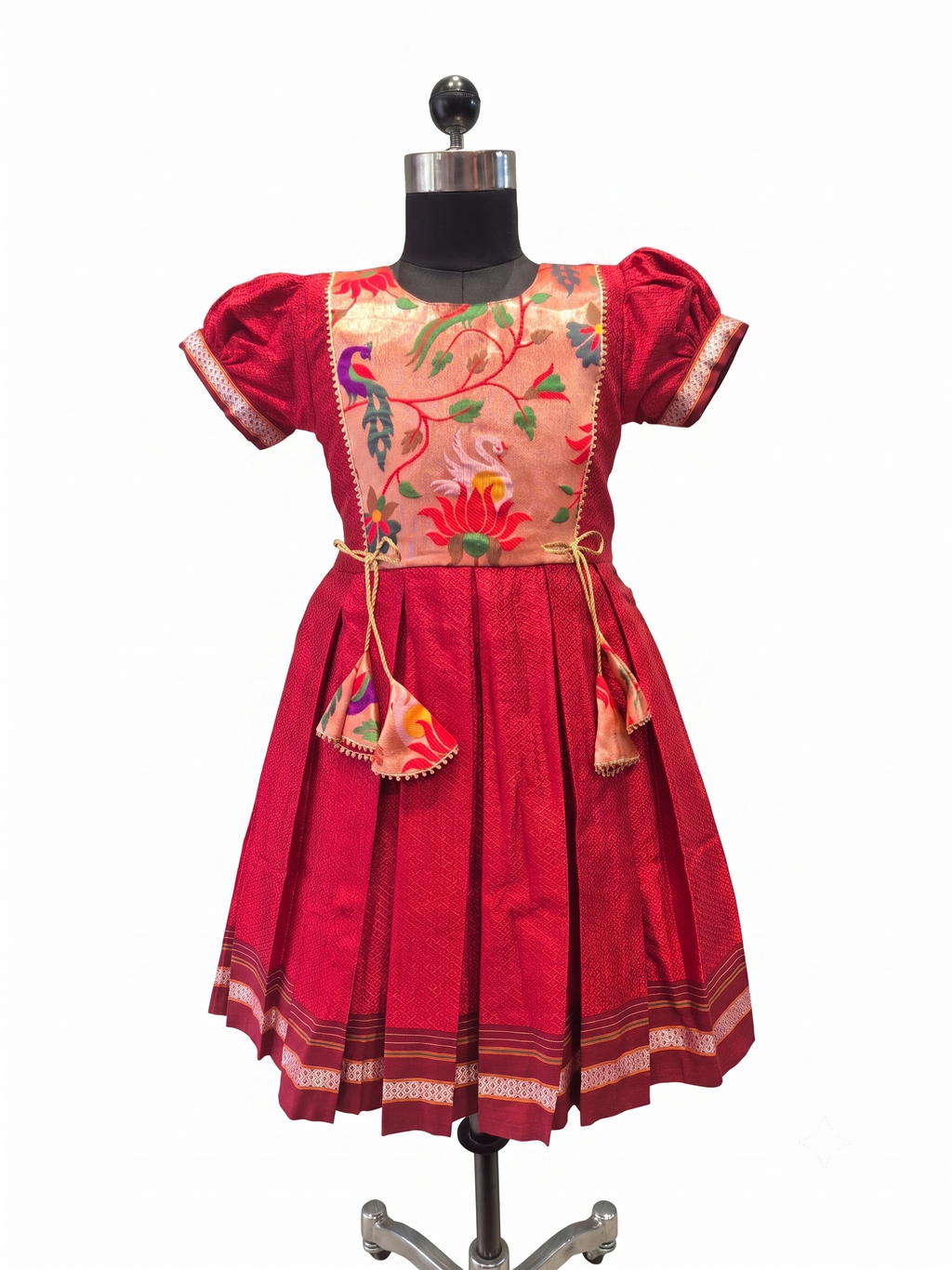 Red traditional Khun knee length frock for girls with peach lotus brocade front yoke - Houser of Kritee