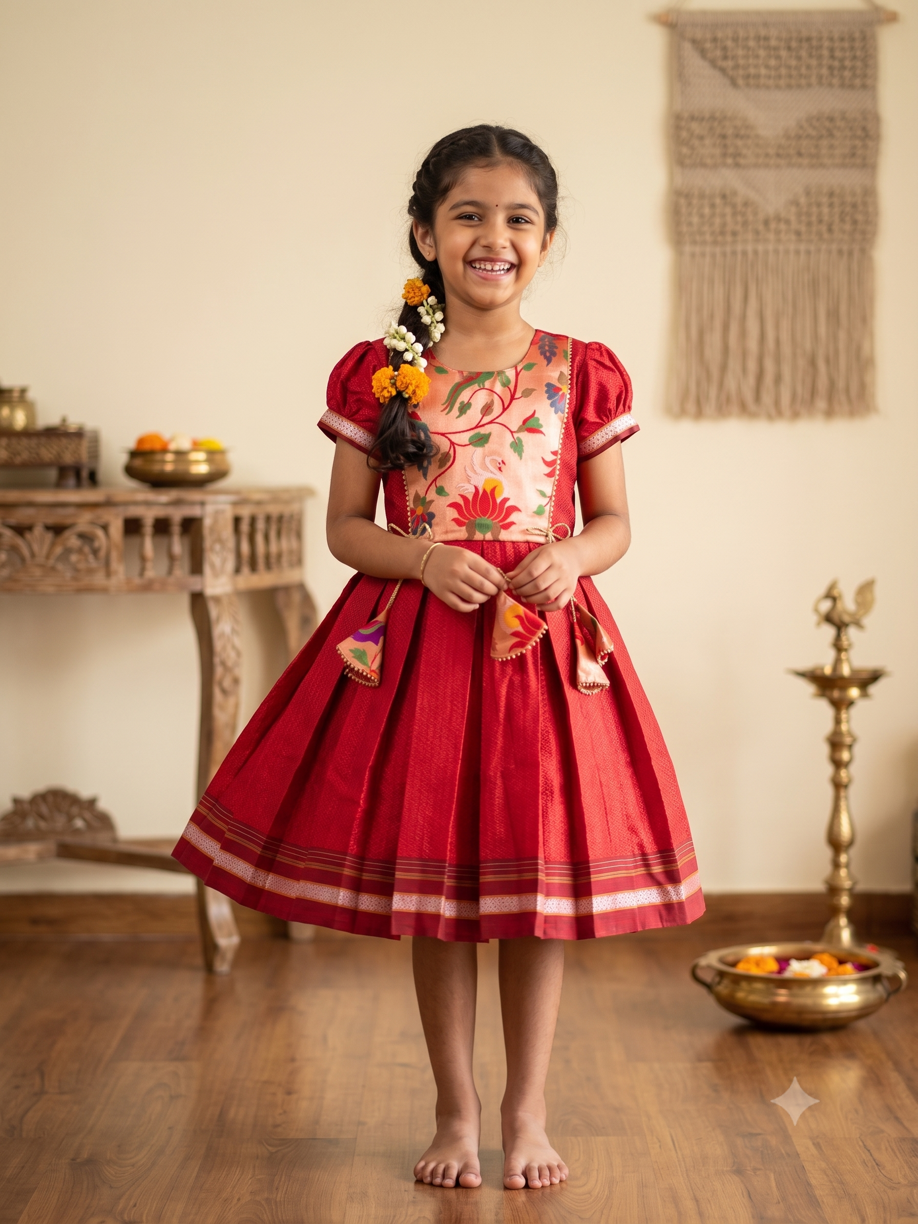 A young girl smiling and standing barefoot indoors, wearing a bright red traditional dress with floral embroidery on the bodice and a flared skirt. The room has wooden floors, a carved table, wall hanging, and brass decorative lamps  - House of Kritee