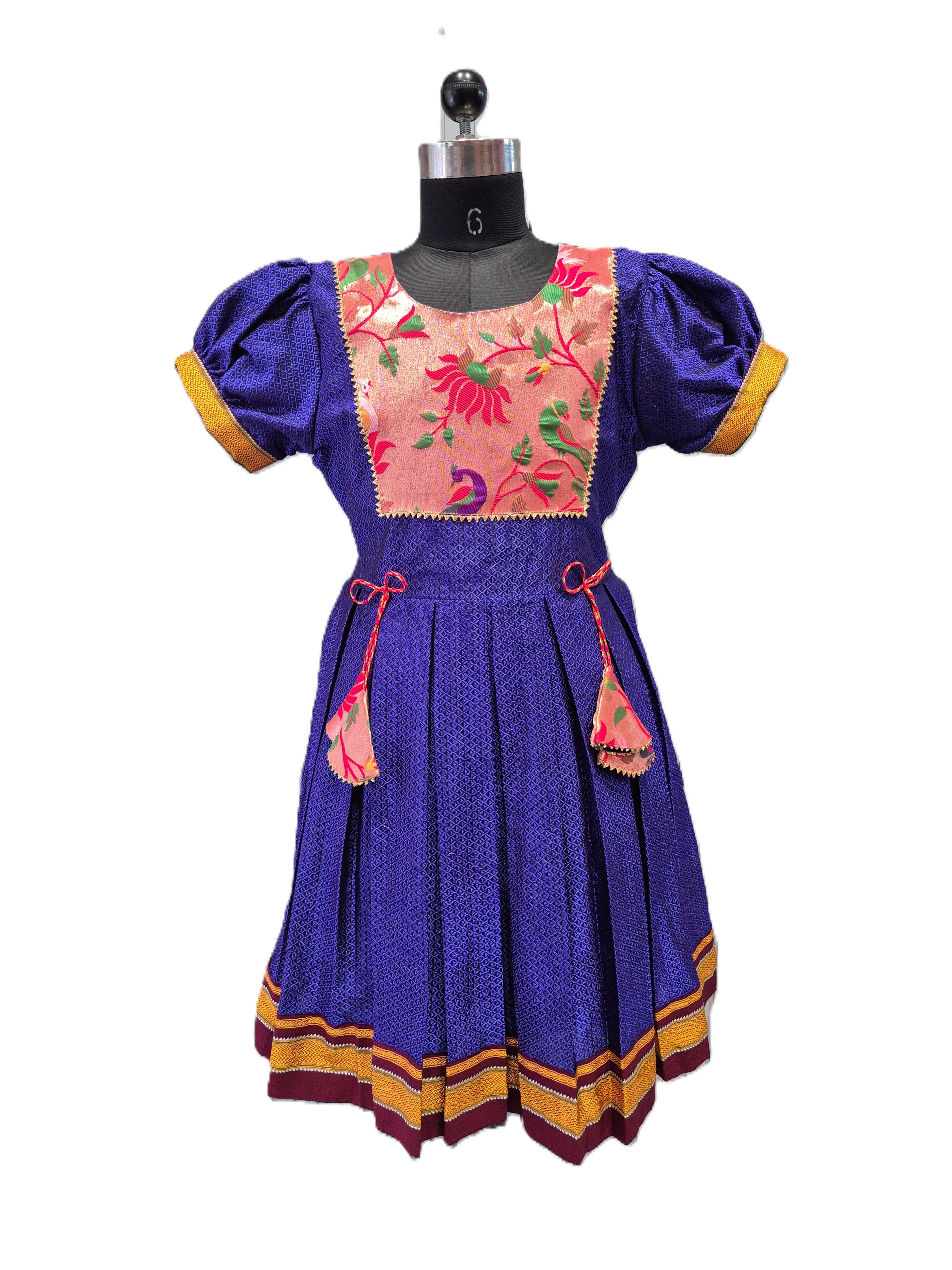 Royal blue traditional Khun knee length frock with peach floral peacock yoke - House of Kritee