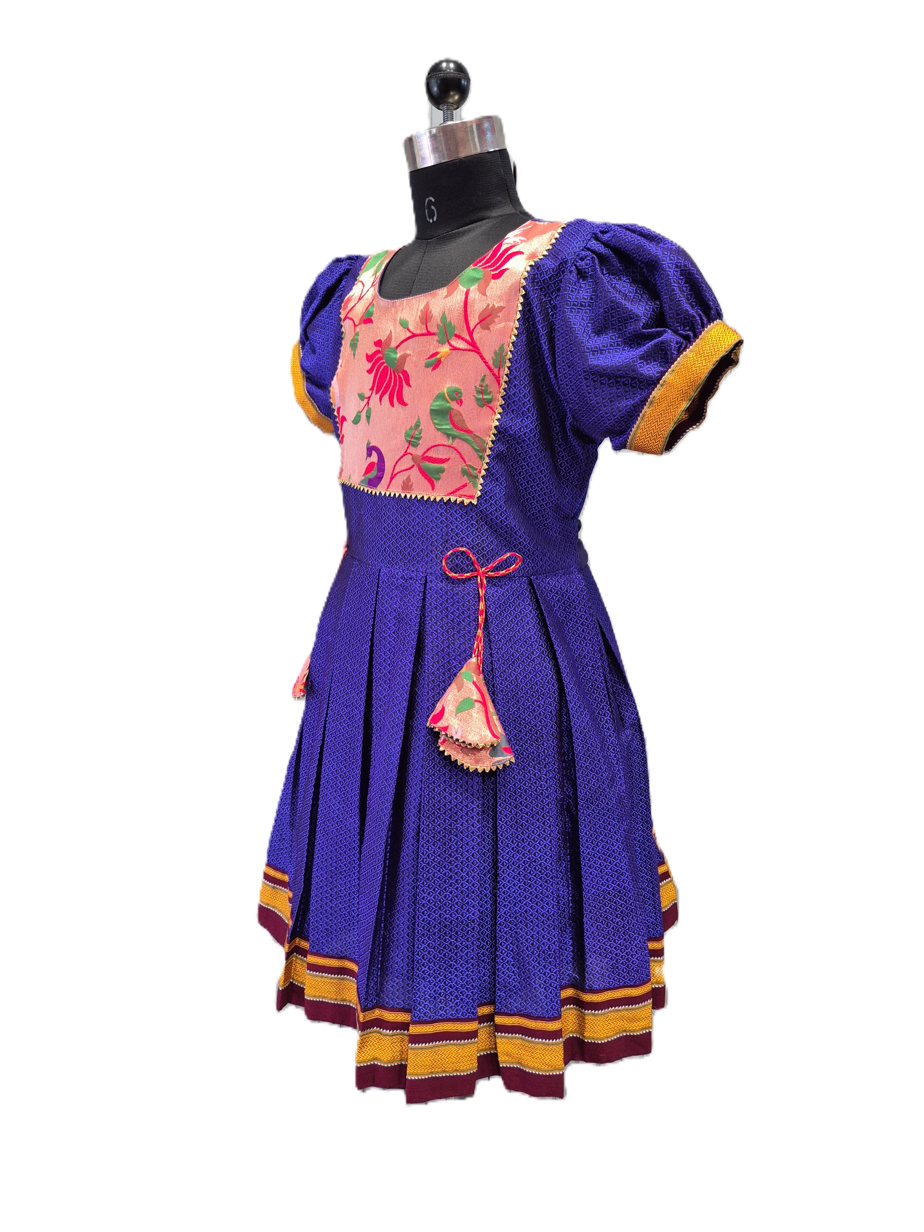 Royal blue traditional Khun knee length frock with peach floral peacock yoke - House of Kritee