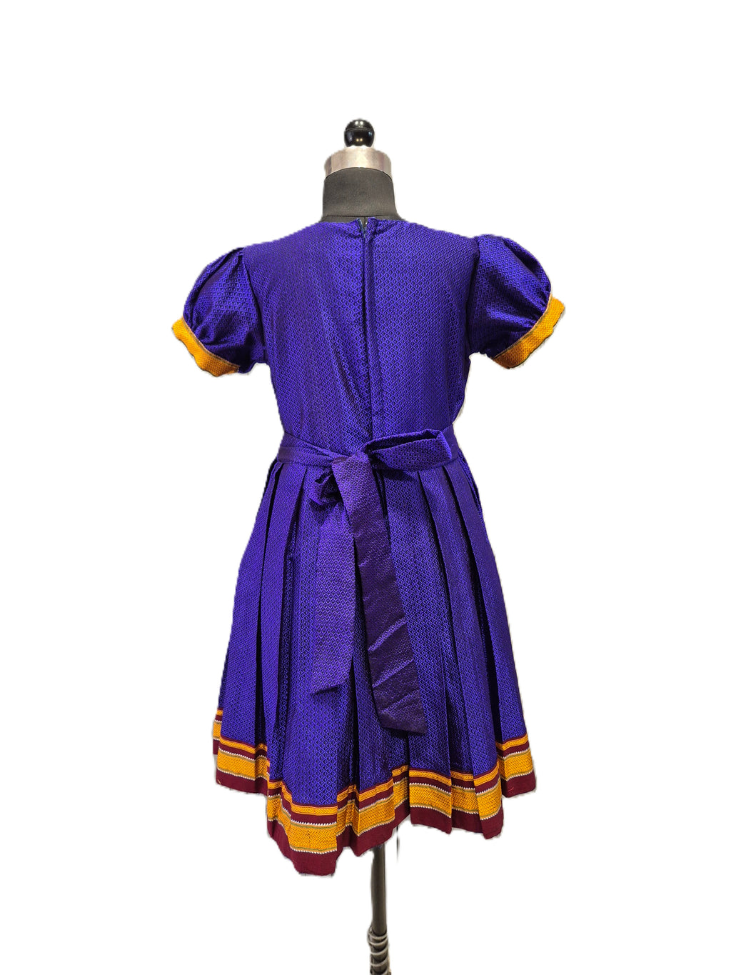 Royal blue traditional Khun knee length frock with peach floral peacock yoke - House of Kritee