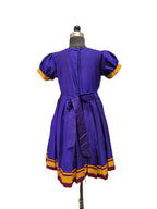 Royal blue traditional Khun knee length frock with peach floral peacock yoke - House of Kritee