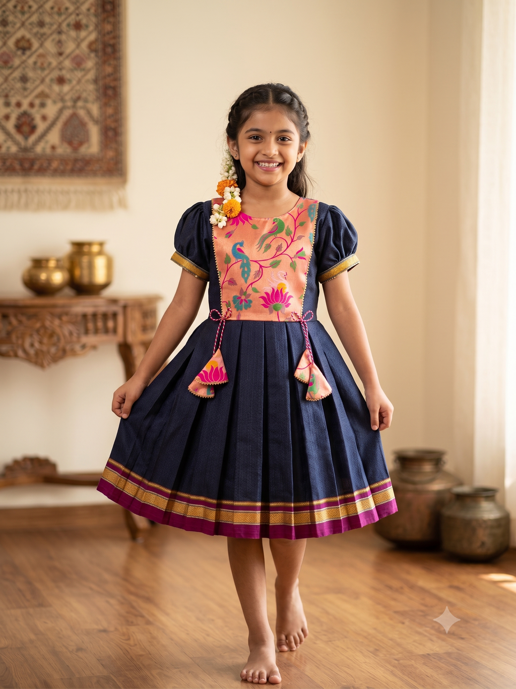 A young girl smiling and walking barefoot indoors while wearing a traditional Indian dress with a navy blue skirt, a peach embroidered bodice, and gold and magenta borders. - House of Kritee