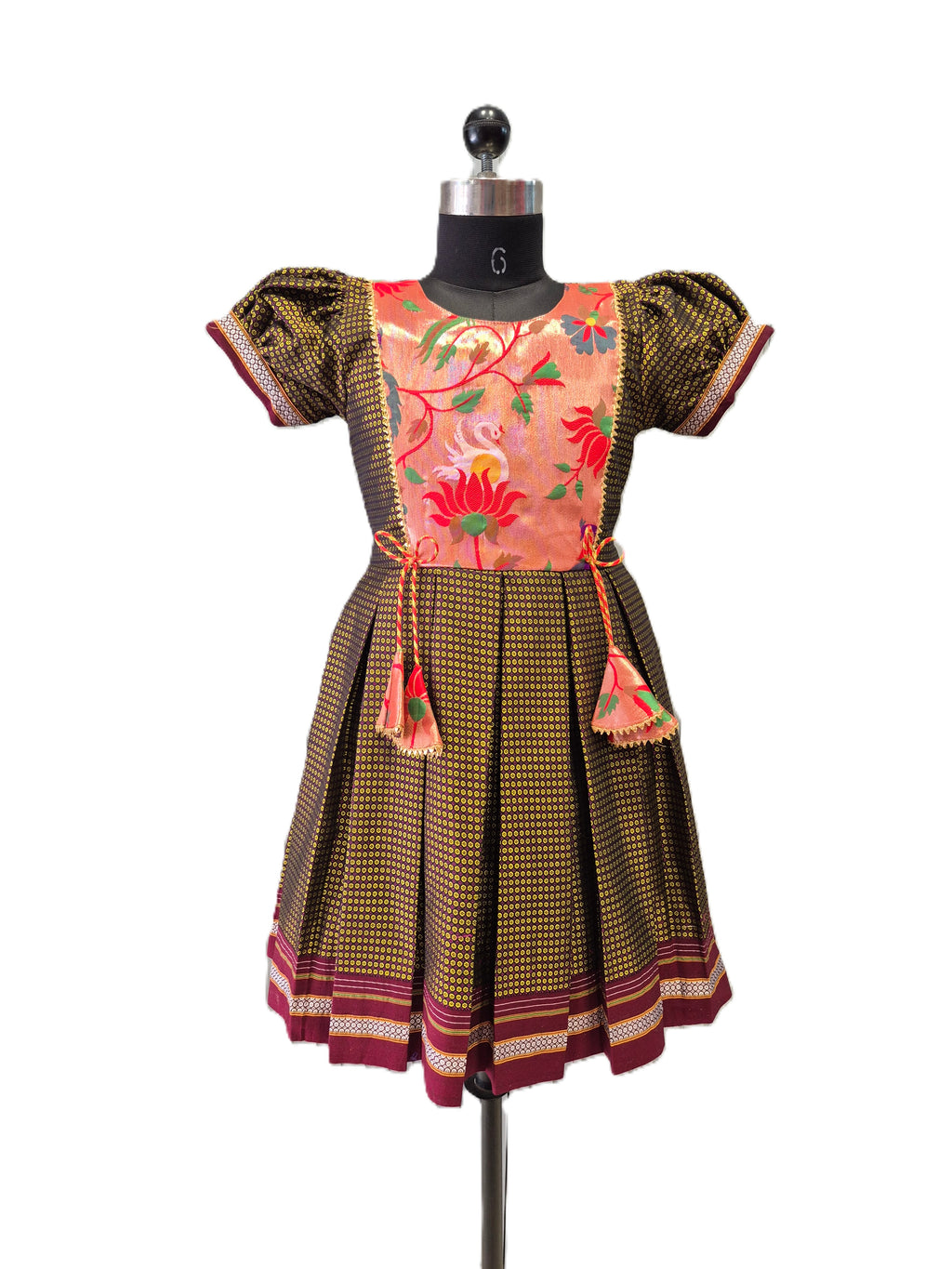 Black and gold traditional Khun knee length frock with peach lotus swan yoke - House of Kritee