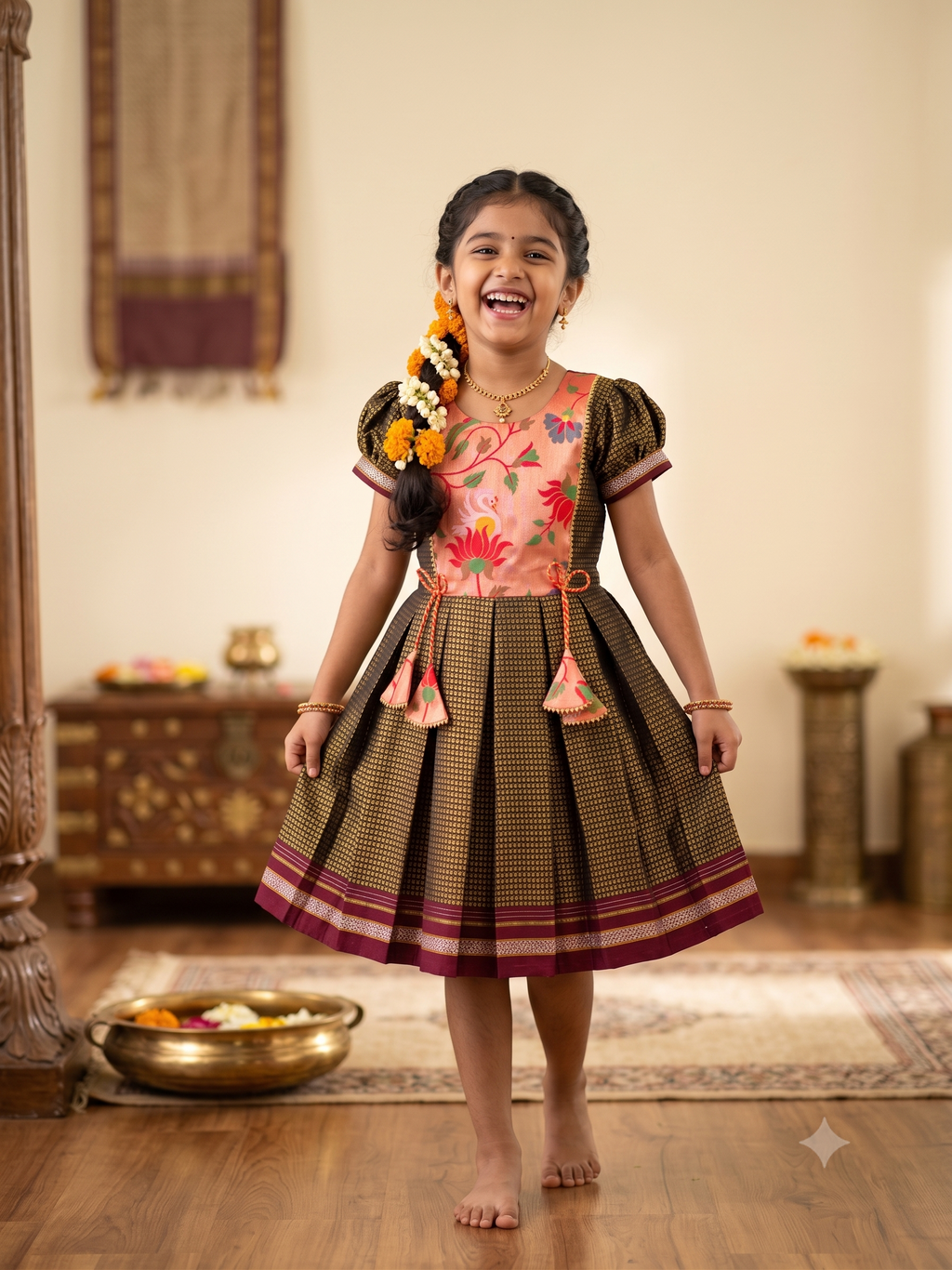 Black and gold traditional Khun knee length frock with peach lotus swan yoke - House of Kritee