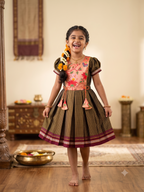 Black and gold traditional Khun knee length frock with peach lotus swan yoke - House of Kritee