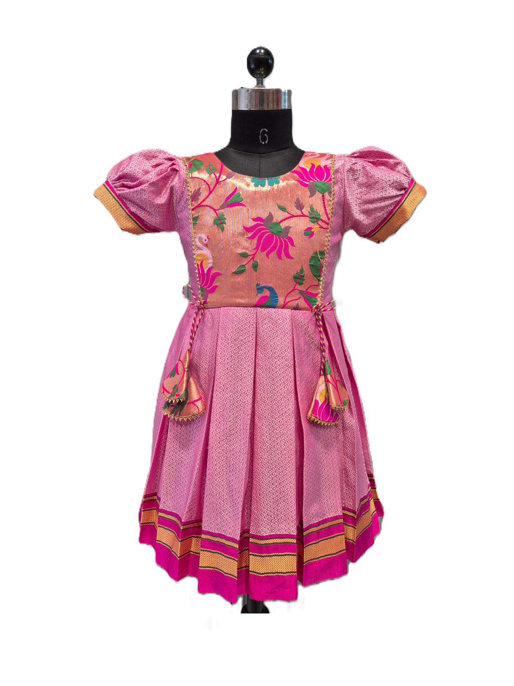 Baby pink traditional Khun knee length frock with peach floral peacock yoke - House of Kritee