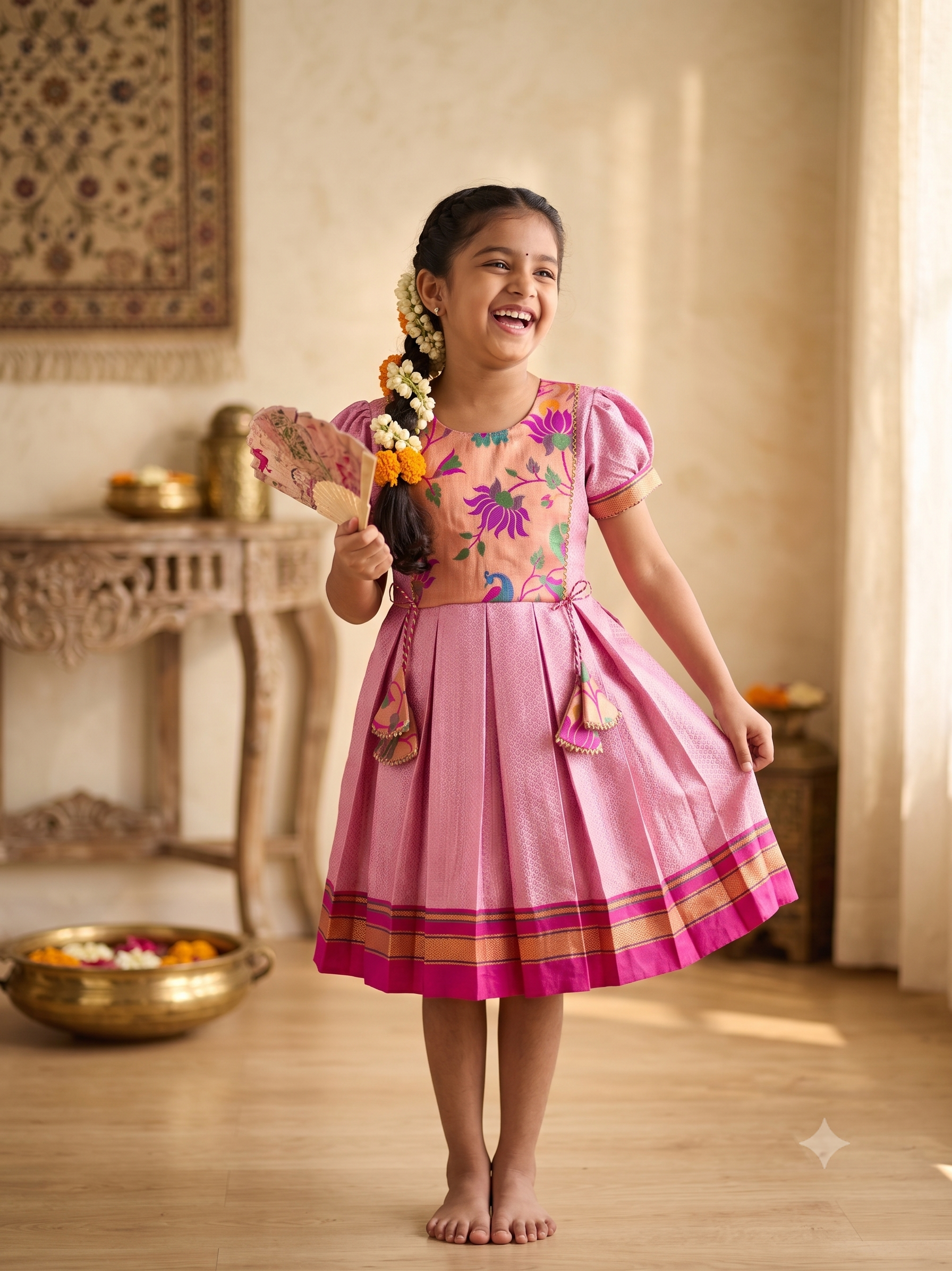 Baby pink traditional Khun knee length frock with peach floral peacock yoke - House of Kritee